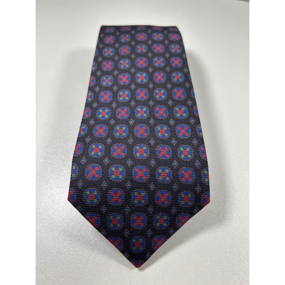 Mens Navy Blue Medallion Silk Necktie Geometric Red Blue Pattern Formal Tie